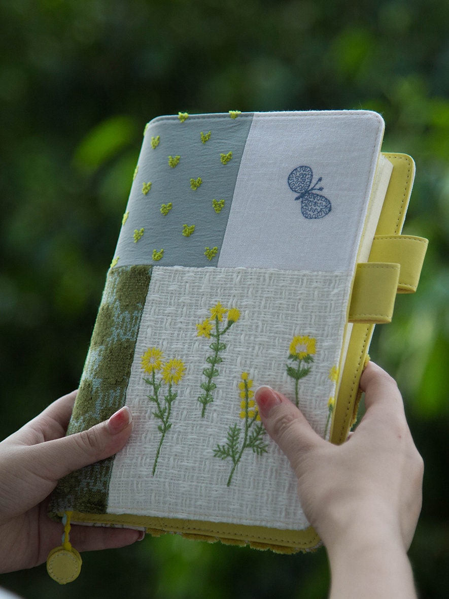 Embroidered Yellow Flower Stitch Fabric Journal Handmade Personalized Notebook with Leather Interior A5 A6 Blank Grid Lined White Pages 176P