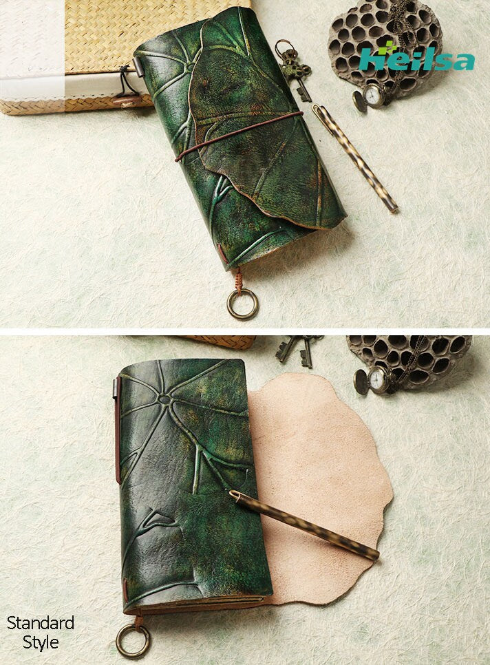 Lotus Leaf Travelers Notebook Handmade. Vintage Leather Cover Junk Journal Notebook Refillable. Sketchbook Diary with Blank Lined Pages 216P