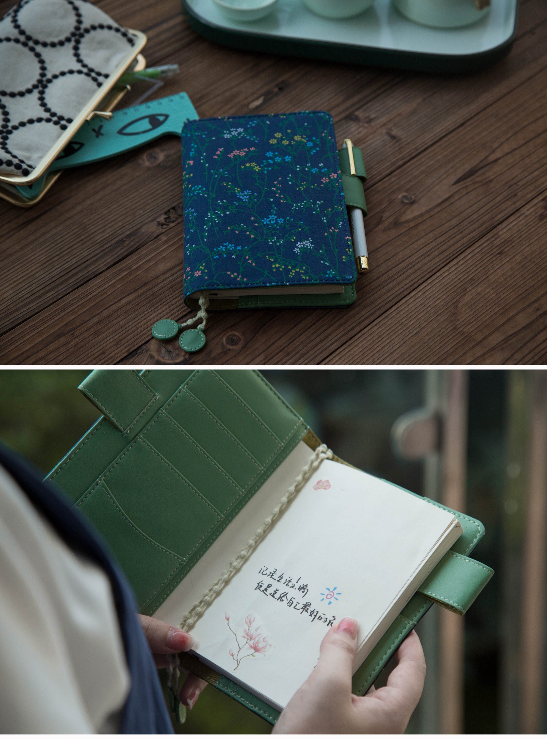 Long Stem Wildflowers Notebook Journal Dark Blue Fabric Handmade Jacket Pocket Notebook Covers Leather Interior A5 A6 Notepad Wedding Gift