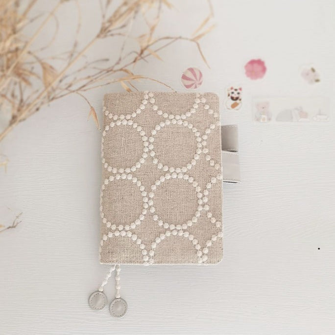 Circle Embroidery Handcrafted Linen Notebook Leather Interior A5 A6 Blank Grid Lined White Pages Fabric Covered Journal Personalized Gift