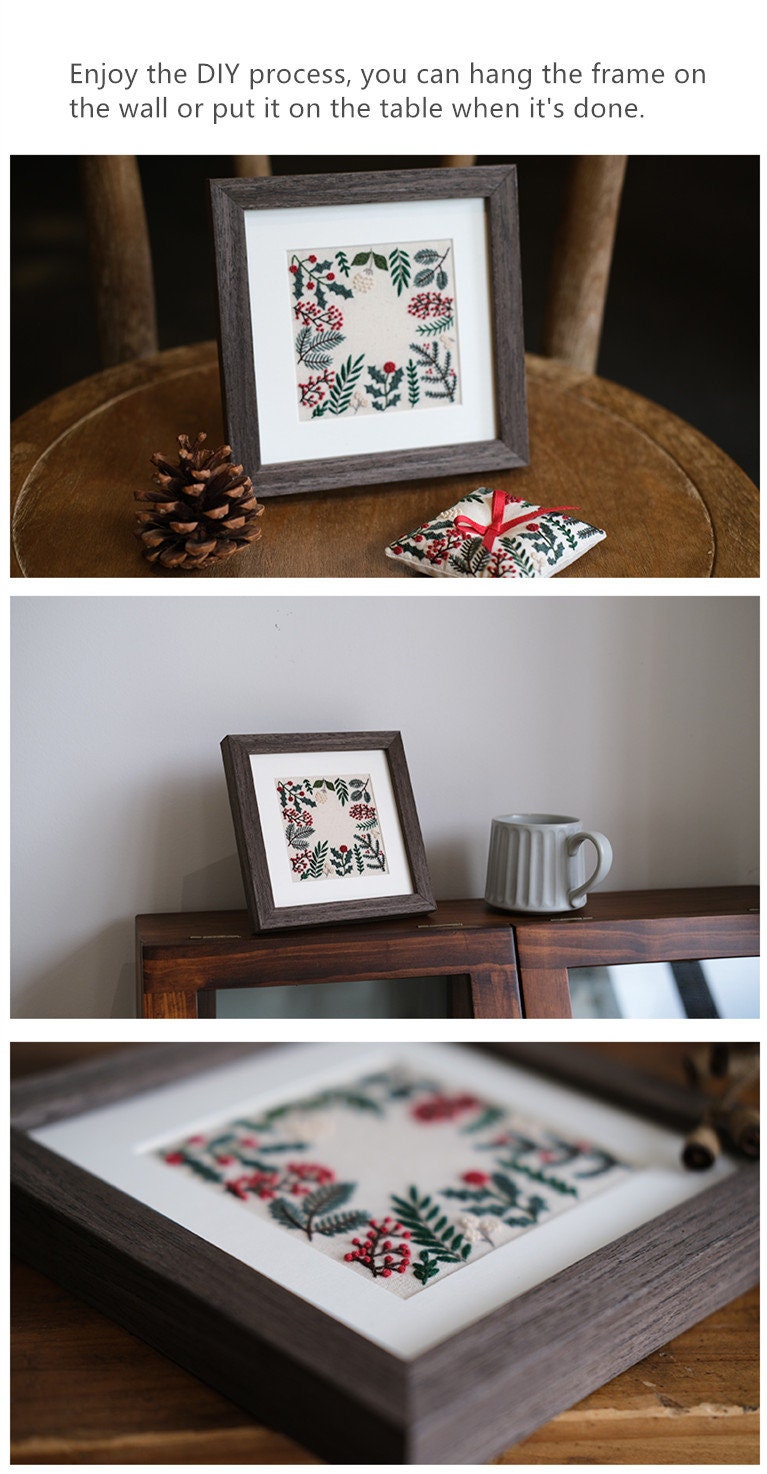 Photo Frame Embroidery DIY Kit Christmas Handmade Gift Floral Painting Material Pack Solid Wood Photo Frame Hanging Home Decoration Ornament