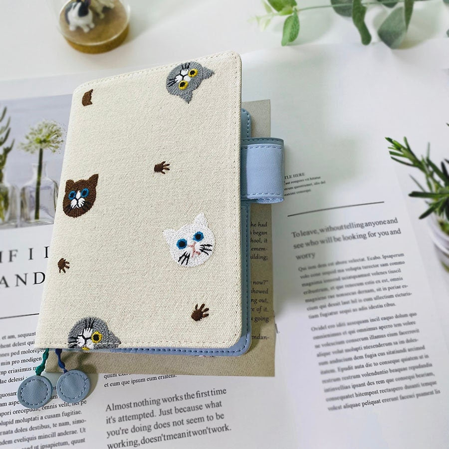Cute Cat Notebook Fabric-Leather Covered Journal with Lined Grid Blank Pages 176P Handmade Planner Diary Notebook Gift for Kitten Pet Lover