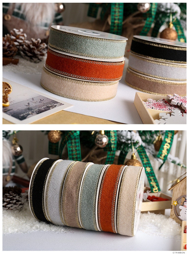 5 Yards Christmas Felt Ribbon Gold Edges, 1" Wide Holiday Wreath Ribbon Red Khaki Gray Wired Ribbon Gift Wrapping Christmas Decor 9 colors