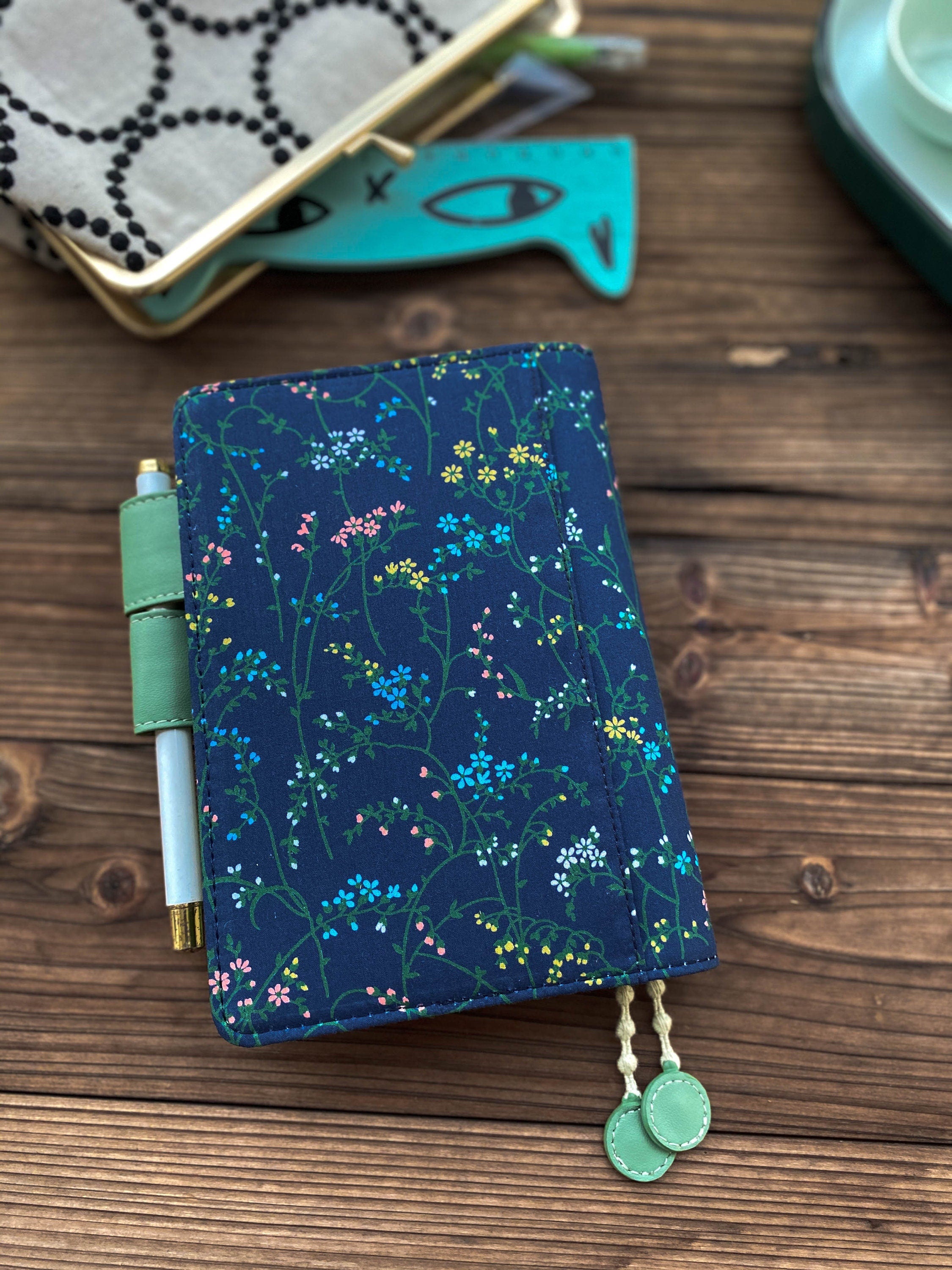 Long Stem Wildflowers Notebook Journal Dark Blue Fabric Handmade Jacket Pocket Notebook Covers Leather Interior A5 A6 Notepad Wedding Gift