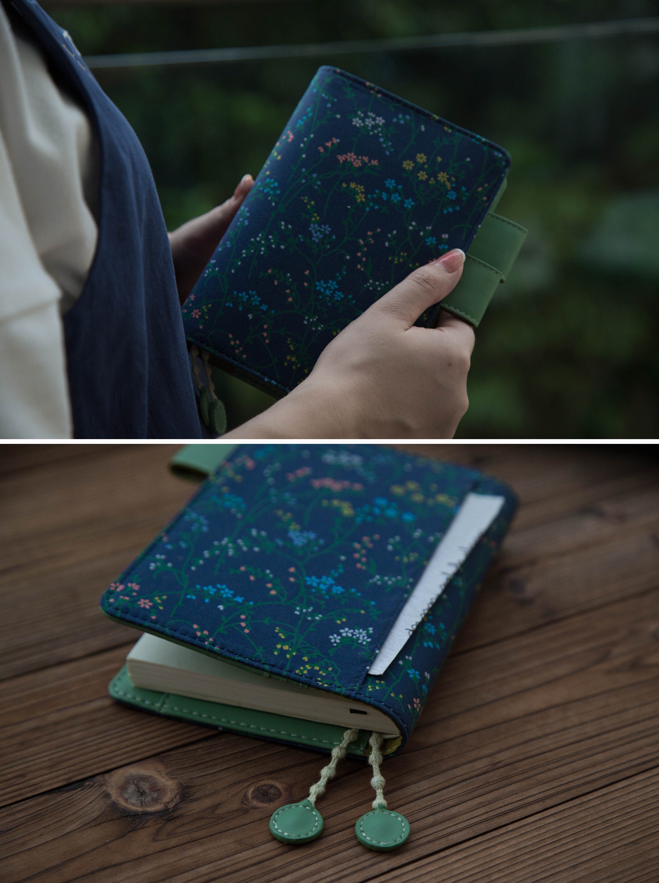 Long Stem Wildflowers Notebook Journal Dark Blue Fabric Handmade Jacket Pocket Notebook Covers Leather Interior A5 A6 Notepad Wedding Gift