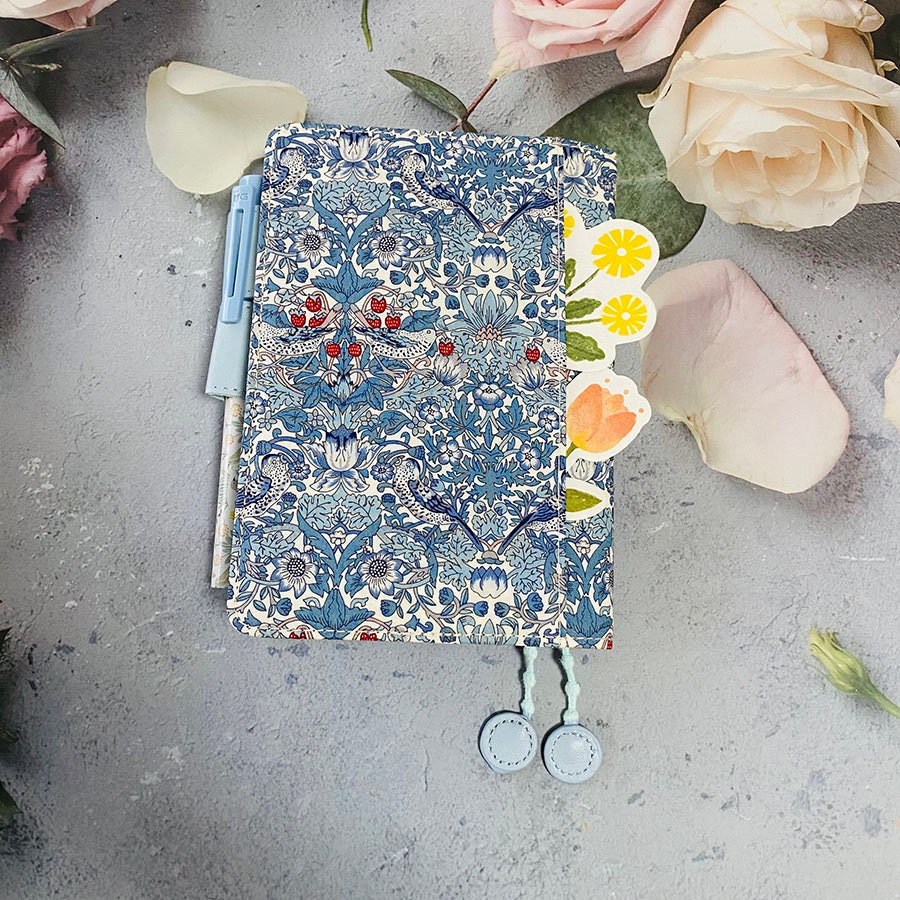 Vintage Long Fiber Cotton Notebook Cover Strawberry Flower and Bird Patterns Blue Background Handmade Journal Travelers Notebook Gift A5 A6