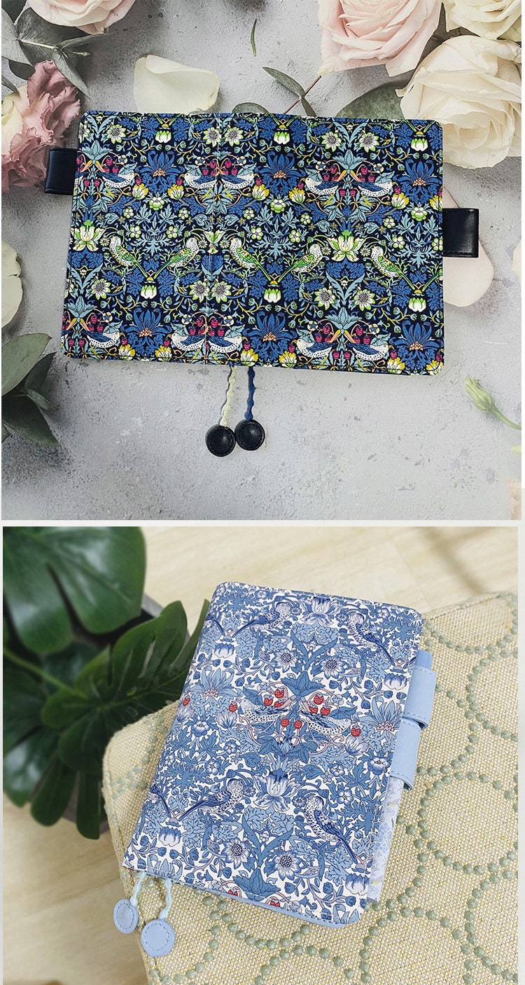 Vintage Long Fiber Cotton Notebook Cover Strawberry Flower and Bird Patterns Blue Background Handmade Journal Travelers Notebook Gift A5 A6