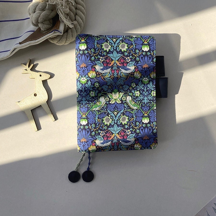 Vintage Long Fiber Cotton Notebook Cover Strawberry Flower and Bird Patterns Blue Background Handmade Journal Travelers Notebook Gift A5 A6