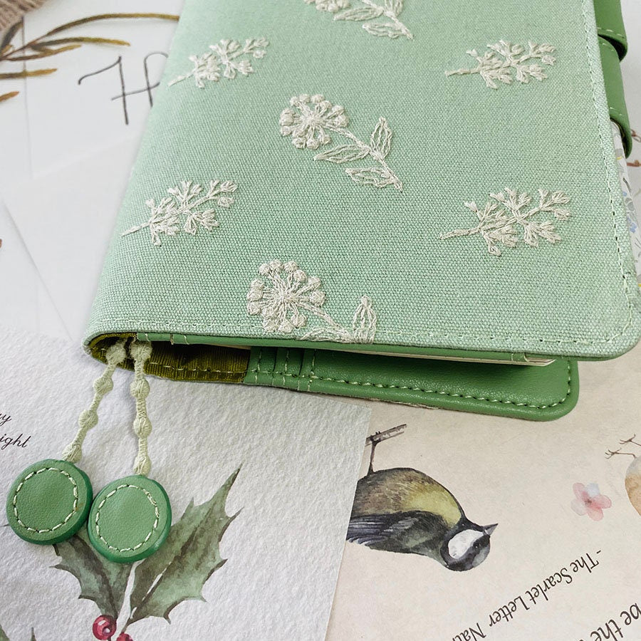 Flower Embroidered  Light Green Fabric Notebook Journal. Leather Interior Handmade Travelers Notebook Planner Diary Journal Cover A5 A6 B6