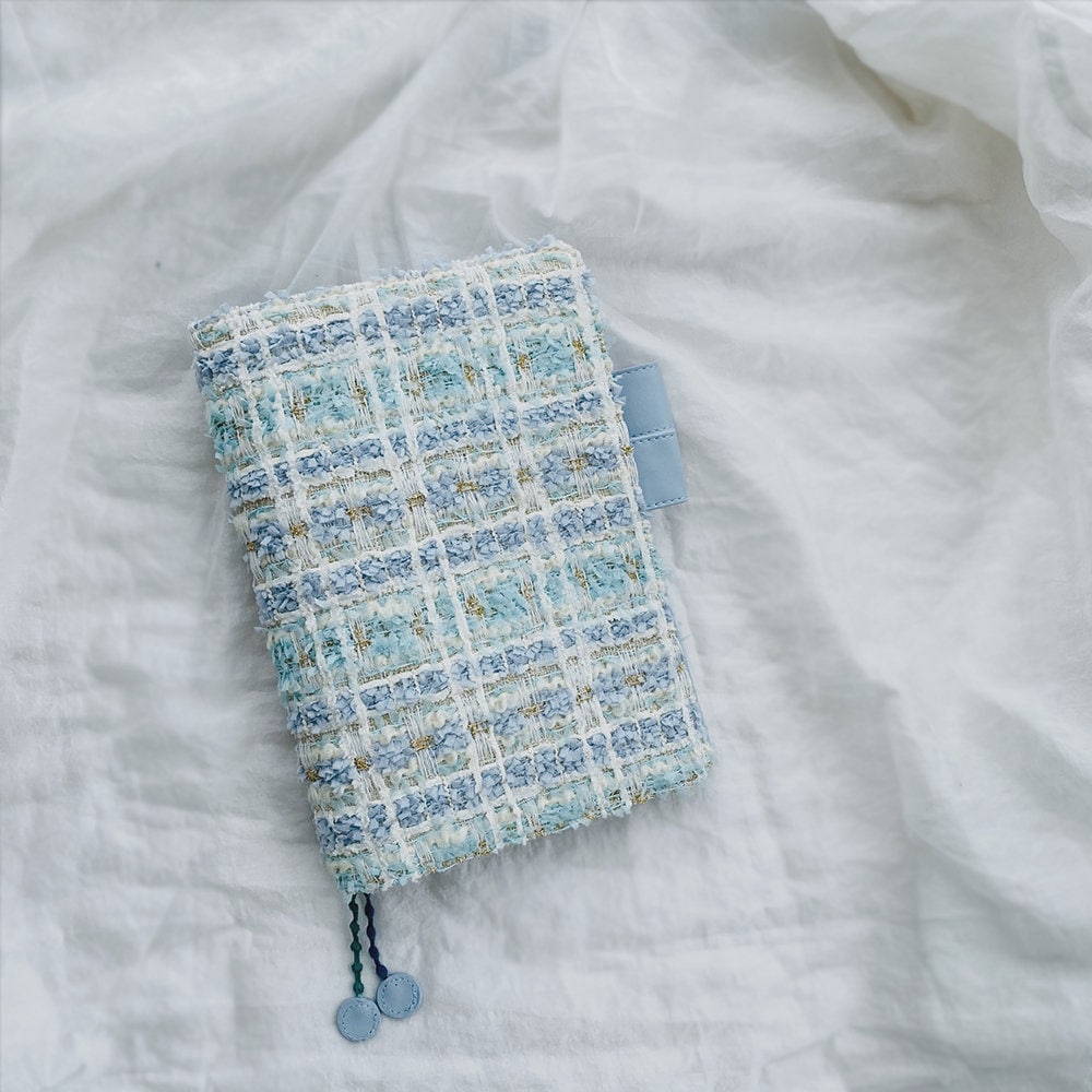 Light Blue Woolen Notebook Cover with Grid Patterns Handmade Romantic Soft Fabric-Leather Covered Bullet Journal A5 A6 Wedding Bride Gift