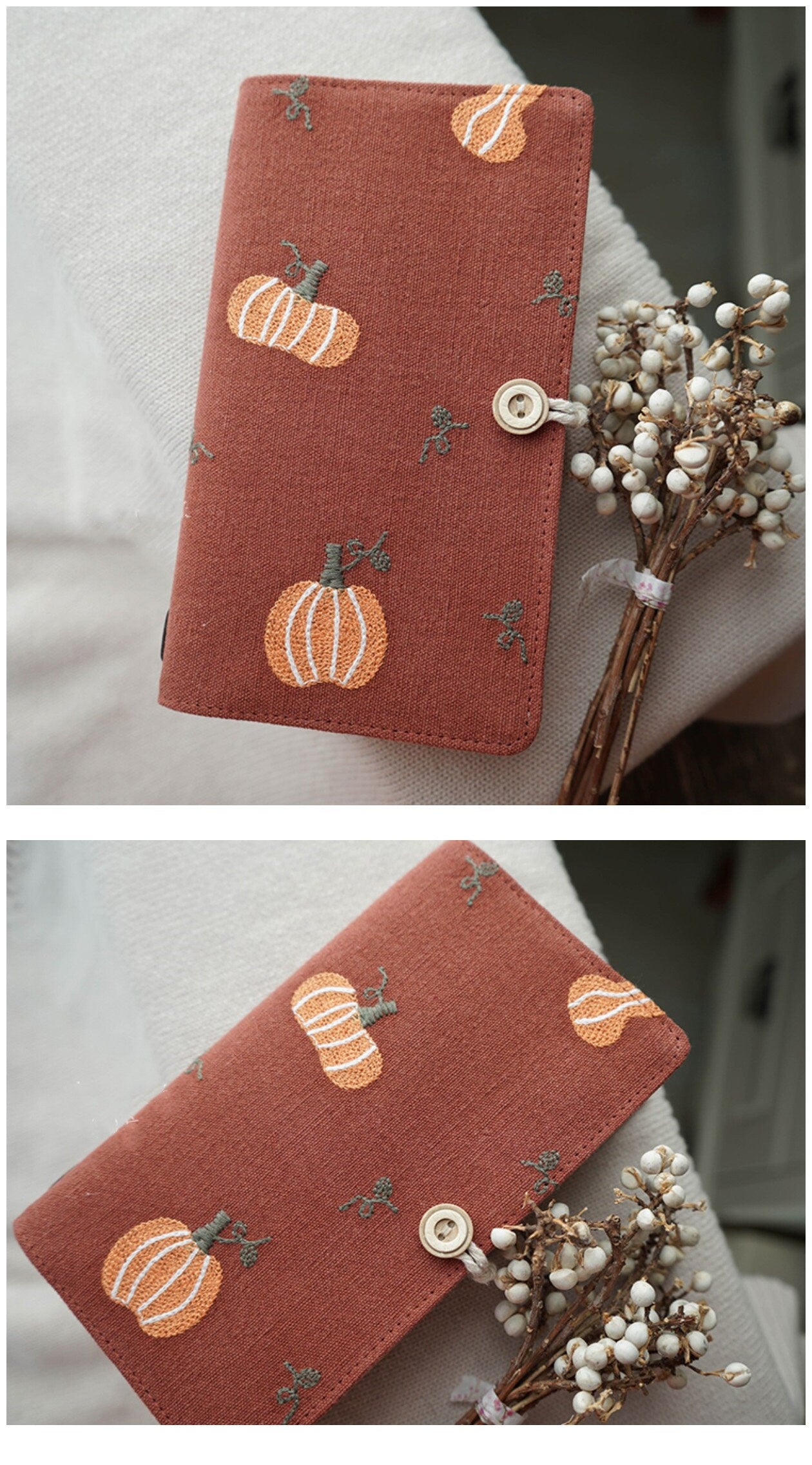 Embroidered Pumpkin Fabric TN Journal Cute Portable Notepad Lined Blank Grid Pages Retro Handmade Embroidery TN Notebook Worth Gift for her
