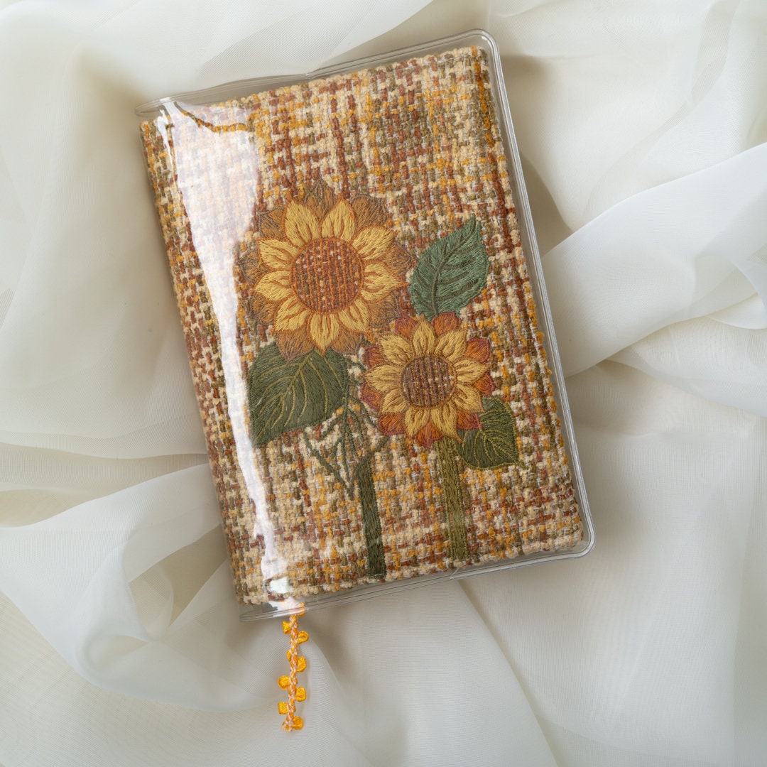 Handmade Book Sleeve with Embroidery Sunflower A5 B6 A6 Tweed Protective Cover Exquisite Notebook Journal Traveler's Dairy Gift for her