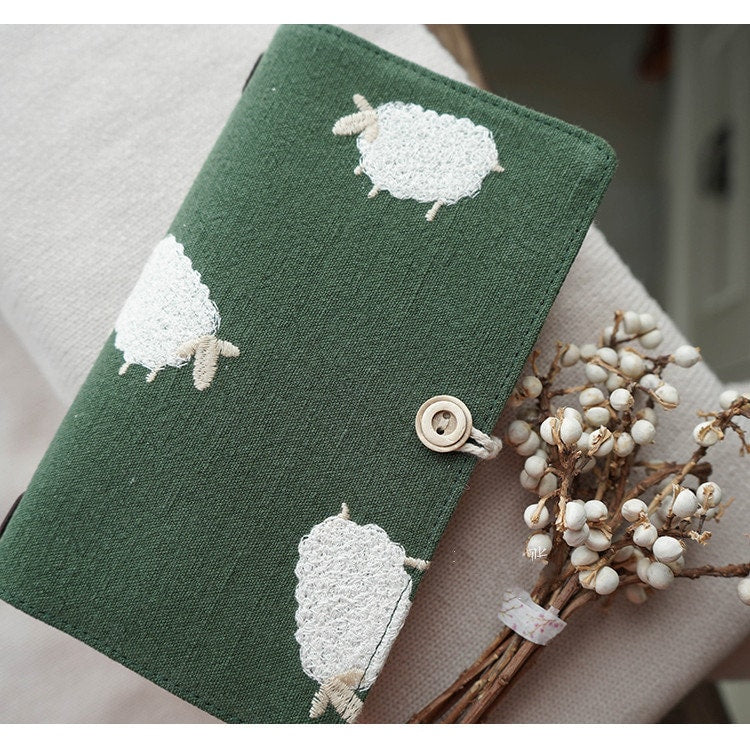 Dark Green Fabric TN Notebook Embroidered lamb Journal Refilled Handmade Planner Standard Portable Dairy Book Traveler's TN Book Worth Gift