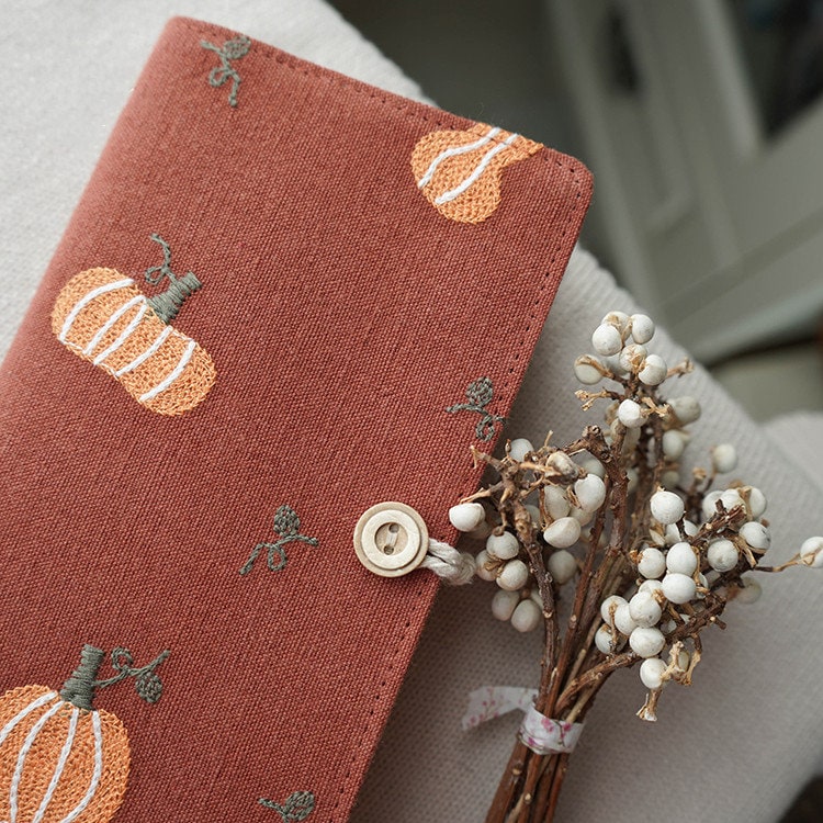 Embroidered Pumpkin Fabric TN Journal Cute Portable Notepad Lined Blank Grid Pages Retro Handmade Embroidery TN Notebook Worth Gift for her