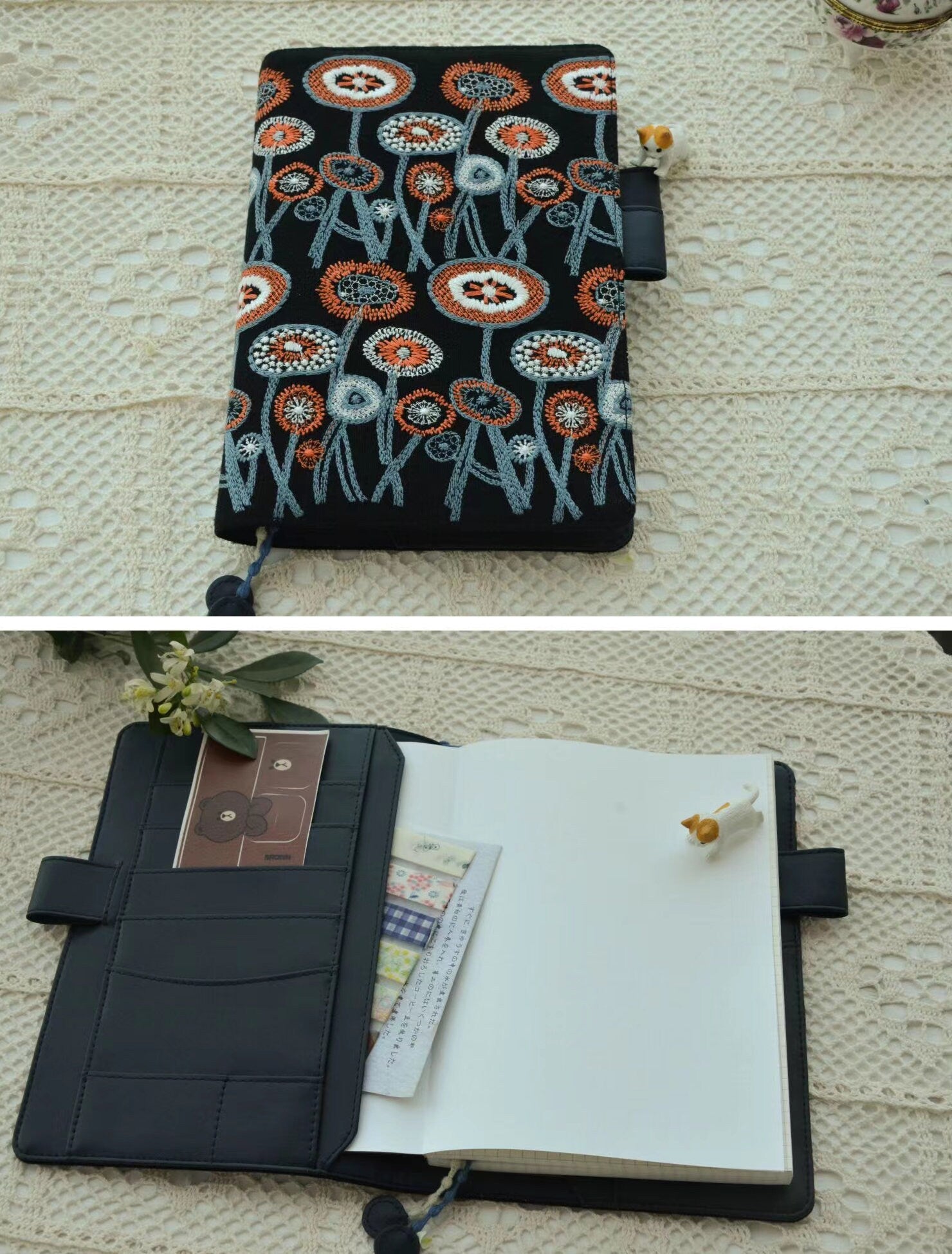 Black Trail Garden Embroidered Notebook Handmade Fabric-Leather Cover A5 A6 B6 Flower Growing Bullet Journal Sketchbook Travel Garden Gift