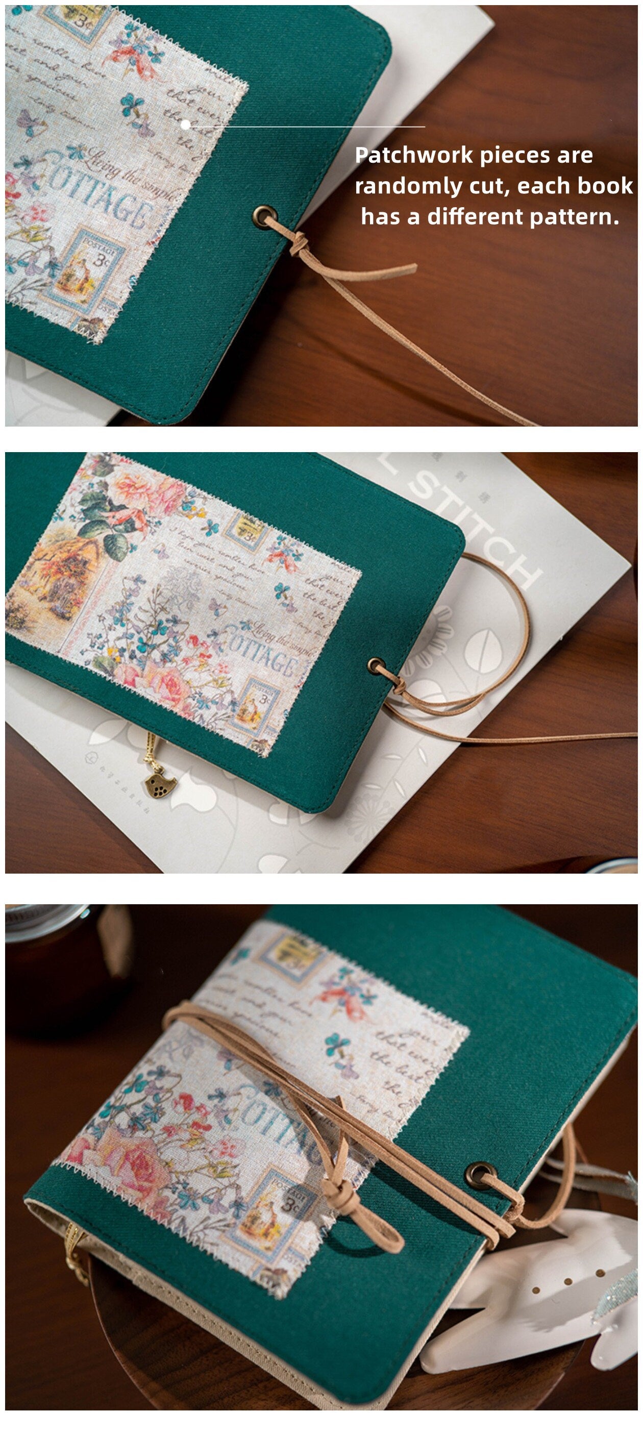 Dark Green Patchwork Fabric Journal Retro Notebook A6A5 Lined Blank Grid Page Refilled Traveler Notepad Handmade Junk Journal Literary Gift