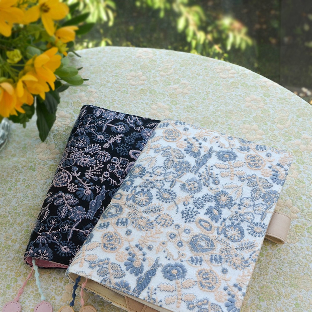 Embroidered Floral Notebook Cover Flower Blossom Handmade Fabric-Leather Writing Journal Art A5 A6 B6 Sketchbook Diary Elegant Gift for Her