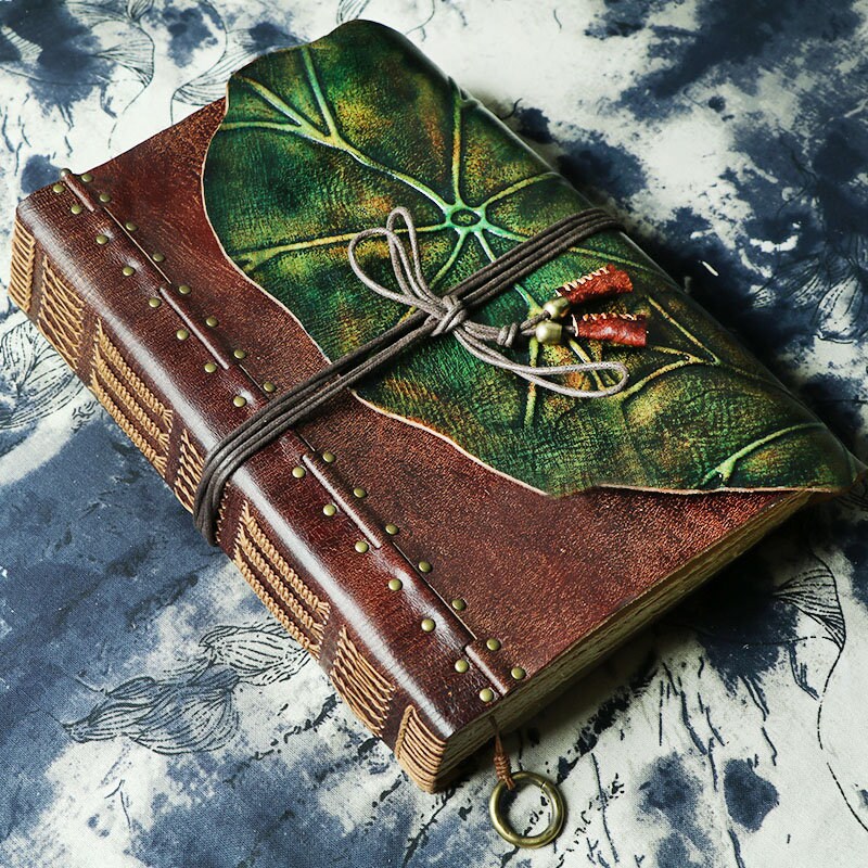 Retro Leather A4 Notebook Journal Sketchbook Coffee Green Lotus Leaf Thick Big Business Notebook Cowhide Book Handmade Custom Gift Notepad