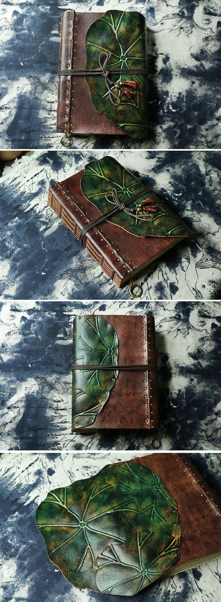 Retro Leather A4 Notebook Journal Sketchbook Coffee Green Lotus Leaf Thick Big Business Notebook Cowhide Book Handmade Custom Gift Notepad