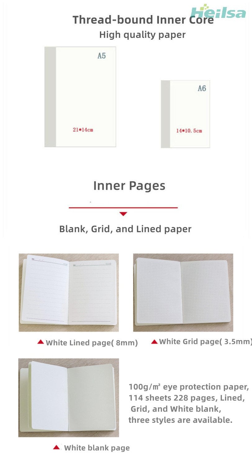 A5 A6 Thread-bound Notebook Replacement Vertical refilled Inner Core White Blank Lined Grid pages for Journal/ Traveler Notepad/ Dairy Book