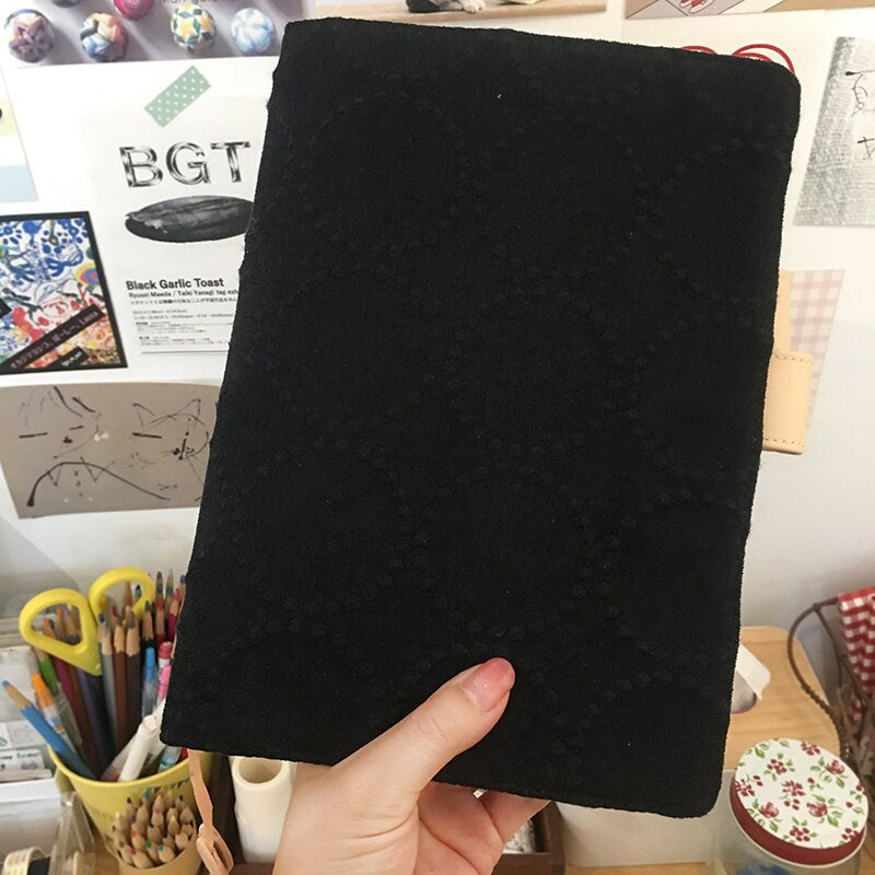Black Circle Embroidery Notebook Cover Leather Interior Fabric Covered Writing Journal Sketchbook Diary A5 A6 B6 Weeks Wedding Gift for Her