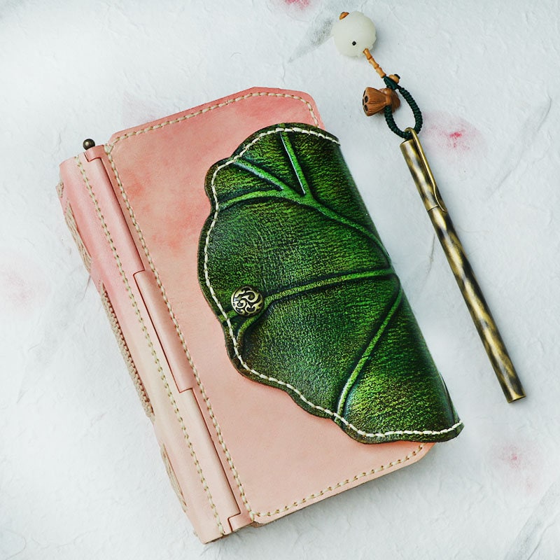 Retro Pink Cover Lotus Leaf Notebook Cowhide Leather Handmade Multifunctional Junk Journal Loose-leaf A6 A5 Kraft White Page Wedding Gift