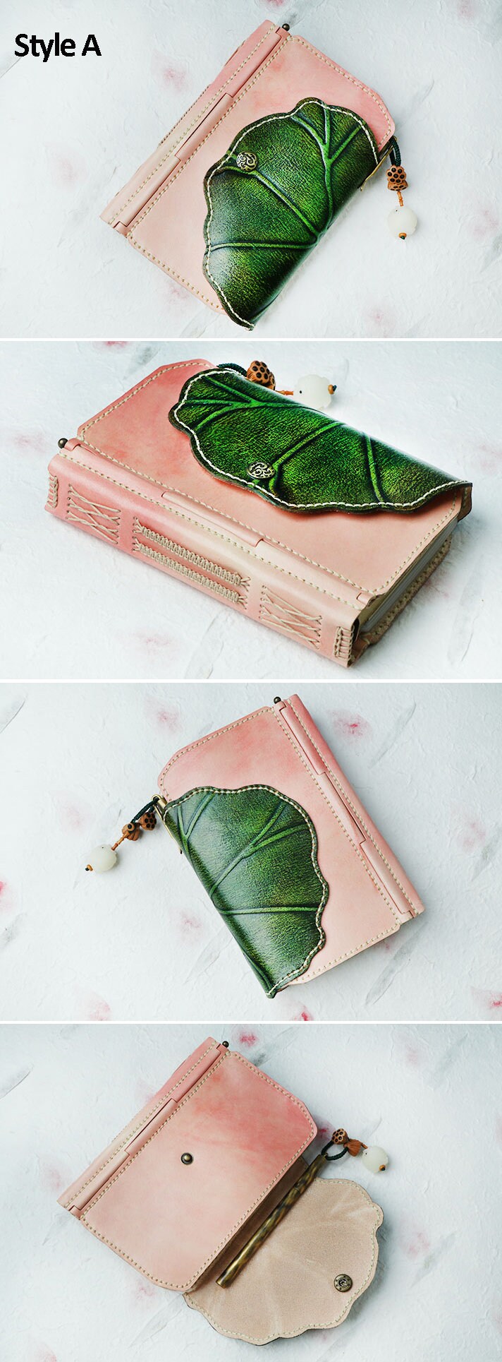Retro Pink Cover Lotus Leaf Notebook Cowhide Leather Handmade Multifunctional Junk Journal Loose-leaf A6 A5 Kraft White Page Wedding Gift