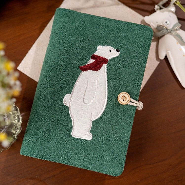 Dark Green Embroidered Polar Bear Notebook Thread-bound Loose-leaf A5A6 Handmade Journal  Literary Velvet-covered Traveler's Notepad Gift
