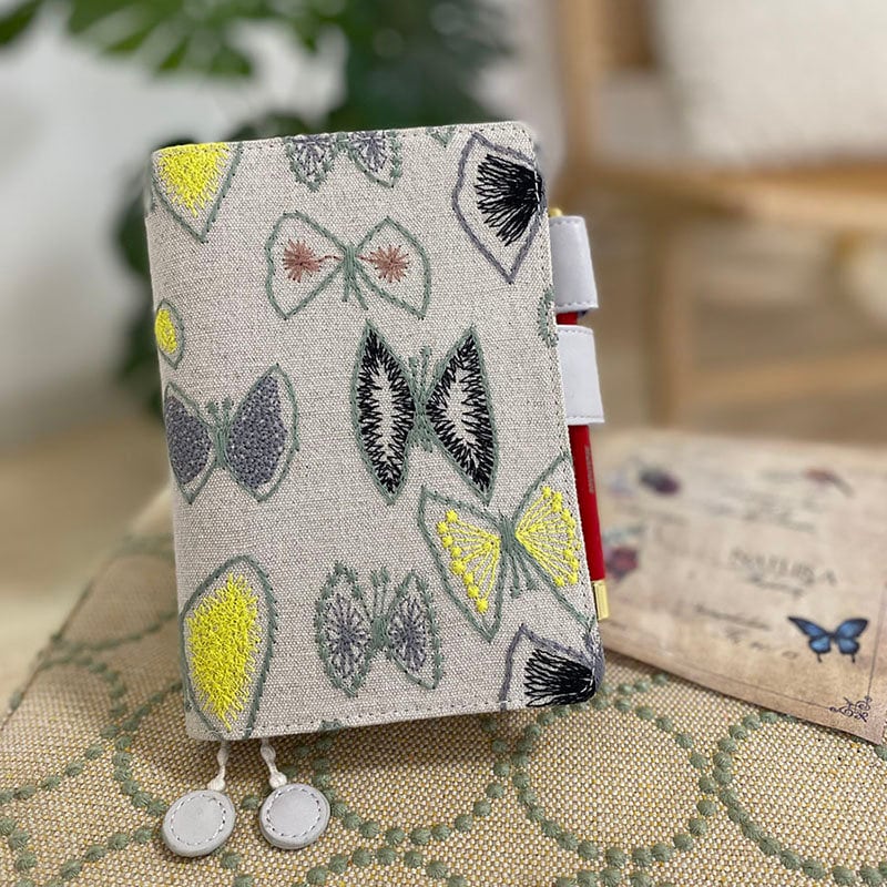 Hand-made Embroidered Butterfly Notebook Cover, Fabric-Leather Art Journal Lined Grid Blank Refillable Page Diary A5 A6 B6 Gifts for Her