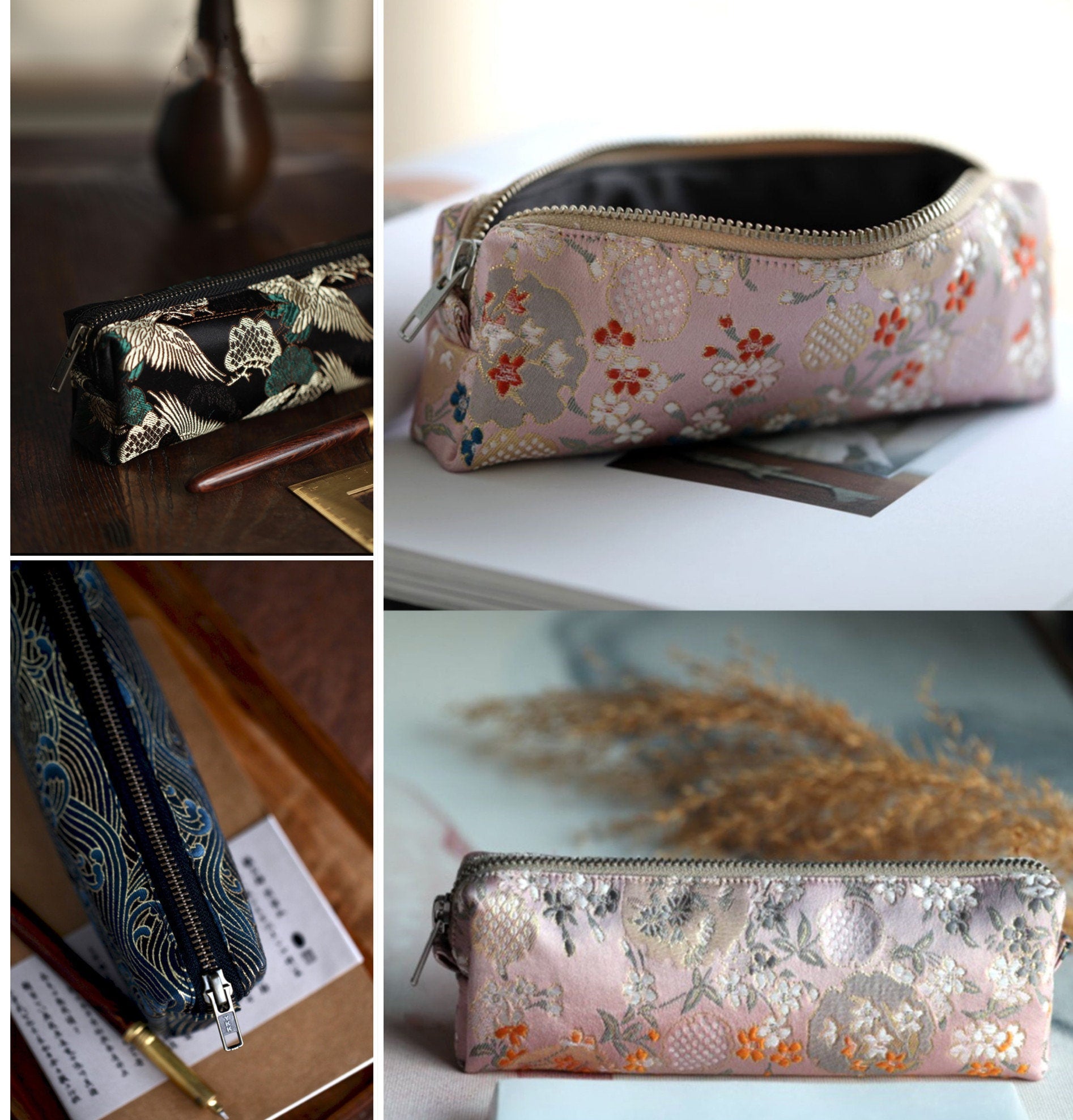 Brocade Embroidery Pencil Case Large-capacity Zip Pencil Pouch Retro Handmade Travel Pencil Bag Stationery Set for Students Girl's Gift