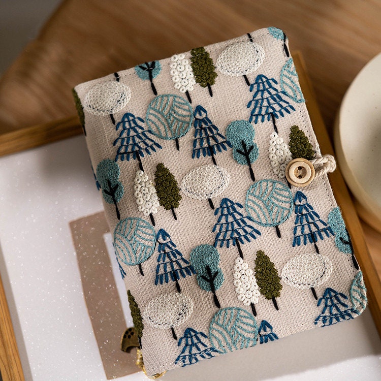 Small Tree Embroidered Journal Notebook Floral A6 A5 Fabric Planner Handmade Refilled Insert Dairy Book Blank Lined Dot Page Graduation Gift