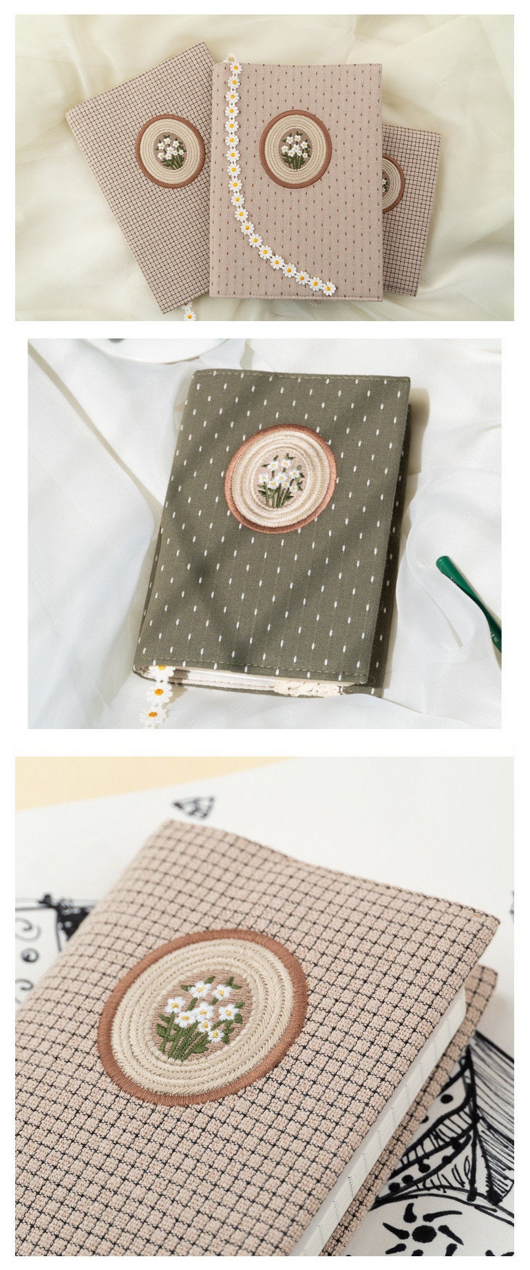 Daisy Embroidered Notebook Cover Raindrop Grid Handmade Fabric Journal Retro Adjustable A5 A6 B6 Journal Sleeve Literary Graduation Gift