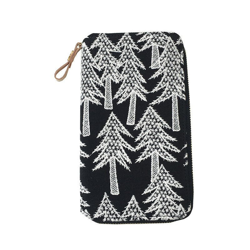 Handmade Black Tree Embroidered Weeks Cover Wallet-Size Zipper Book Pocket Storage Multifunctional Hobo Weeks Mega Zipper Bag Clutch Bag
