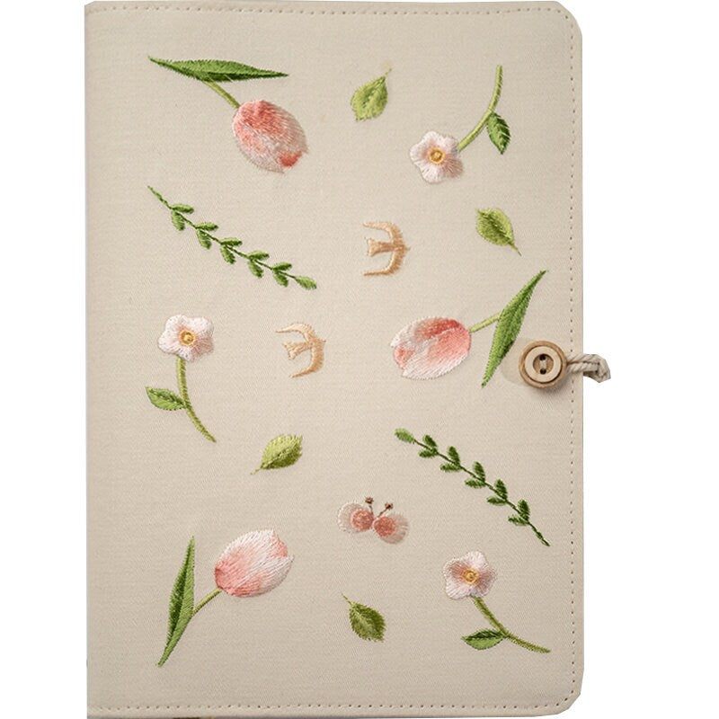 Embroidered Tulip Fabric Journal Beige Handmade Traveler's Notebook A5 A6 Ancient Style Dairy Book Replaceable Planner Notepad Gift for her