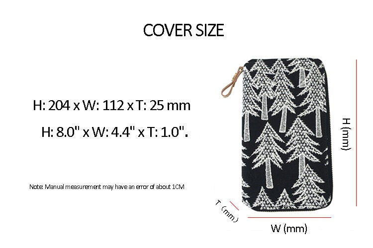 Handmade Black Tree Embroidered Weeks Cover Wallet-Size Zipper Book Pocket Storage Multifunctional Hobo Weeks Mega Zipper Bag Clutch Bag