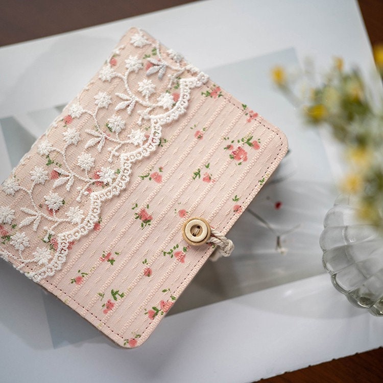 A7 Fabric Lace Journal Cute Reusable Notebook Pink Handmade Notepad Blank Lined Grid Cornell pages Travel Diary Book Gift for her