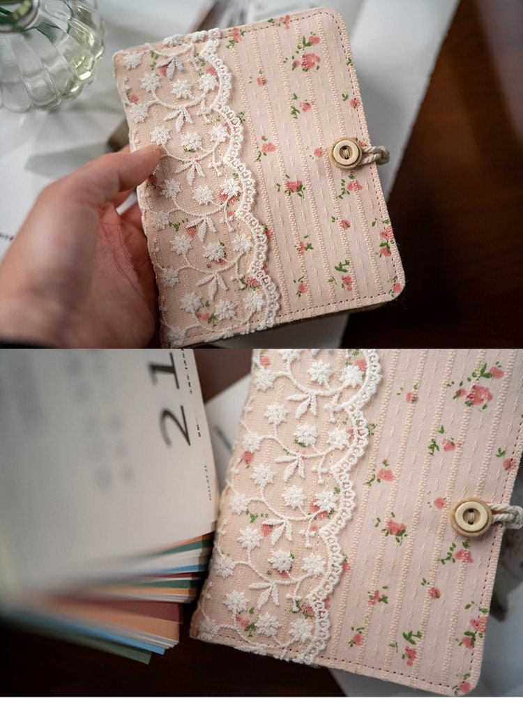 A7 Fabric Lace Journal Cute Reusable Notebook Pink Handmade Notepad Blank Lined Grid Cornell pages Travel Diary Book Gift for her