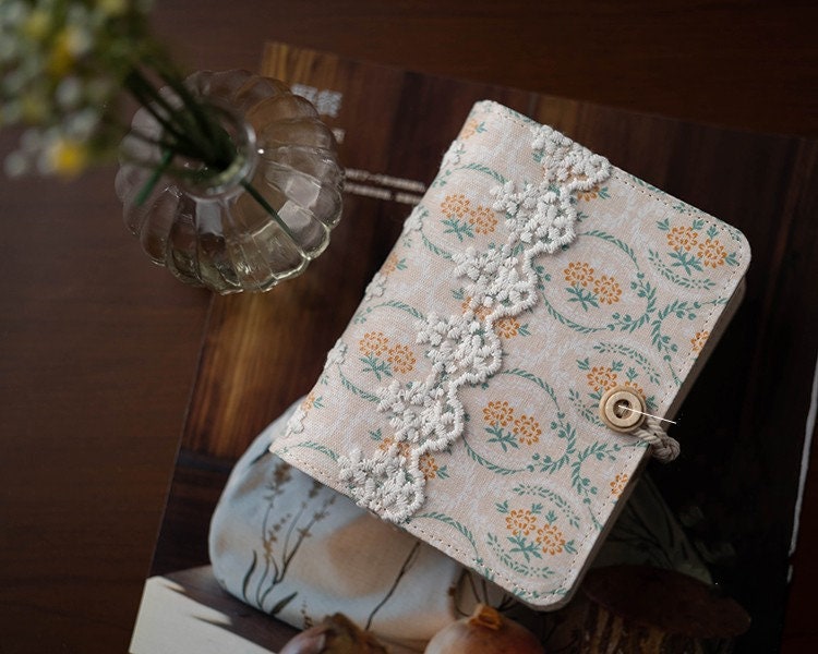 A7 Lace Journal Loose-leaf Fabric Notebook Floral Junk Journal with Lined Gird Blank Cornell Pages Handmade Portable Notepad Gift for her