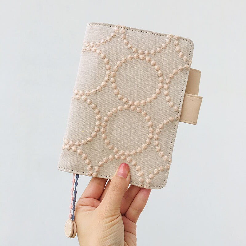 Beige Pink Circle Embroidery Cover Notebook Cover Fabric-Leather Journal Cover Book Jacket for Hobonichi Planner A5 A6 Blank Grid Lined Page