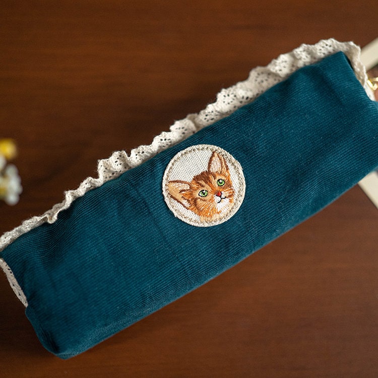 Embroidered Cat Corduroy Pencil Bag Peacock Green Zipper Pen Case Cute Lace Pencil Pouch School Accessories Fabric Wash Bag Girly Gift