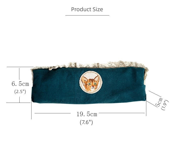 Embroidered Cat Corduroy Pencil Bag Peacock Green Zipper Pen Case Cute Lace Pencil Pouch School Accessories Fabric Wash Bag Girly Gift