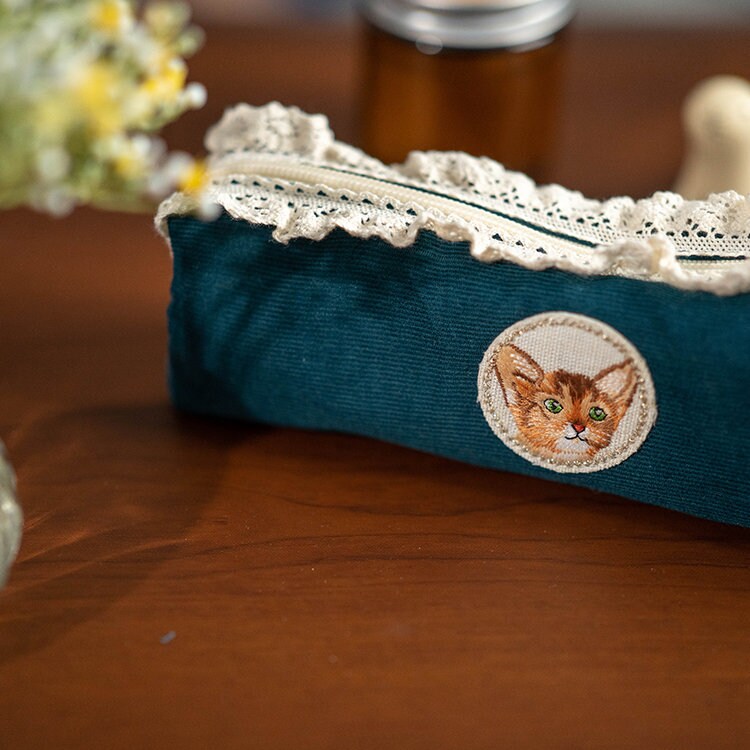 Embroidered Cat Corduroy Pencil Bag Peacock Green Zipper Pen Case Cute Lace Pencil Pouch School Accessories Fabric Wash Bag Girly Gift