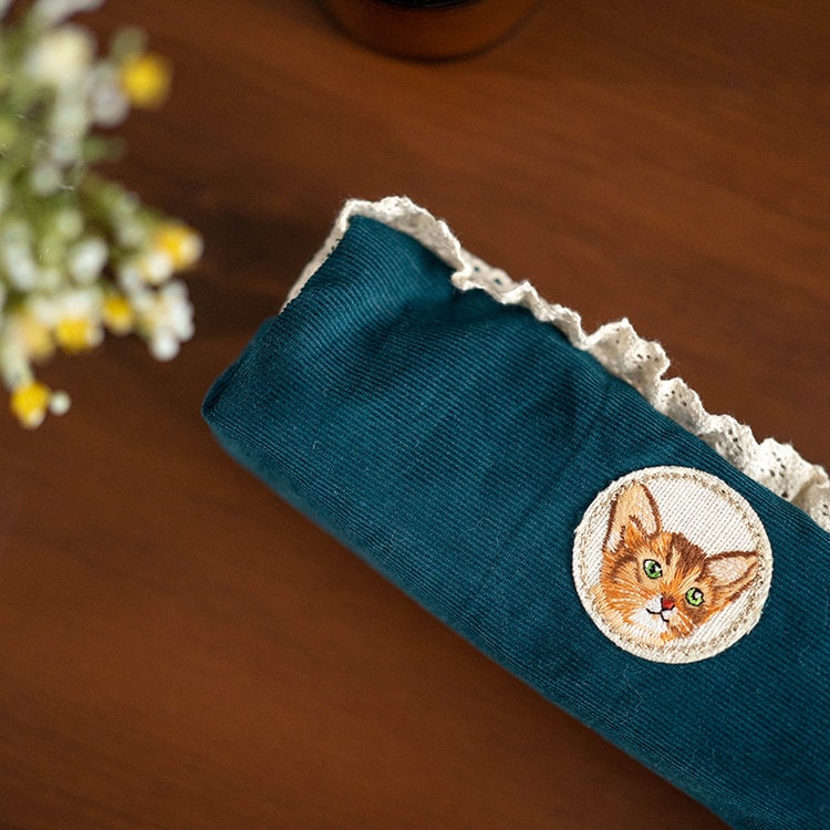 Embroidered Cat Corduroy Pencil Bag Peacock Green Zipper Pen Case Cute Lace Pencil Pouch School Accessories Fabric Wash Bag Girly Gift