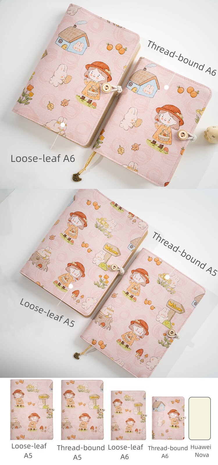 Cute Girl Rabbit Fabric Covered Journal A5 Reusable Cloth Notebook A6 Portable Notepad Lined Blank Grid Dotted Plan Journal Handmade Gift