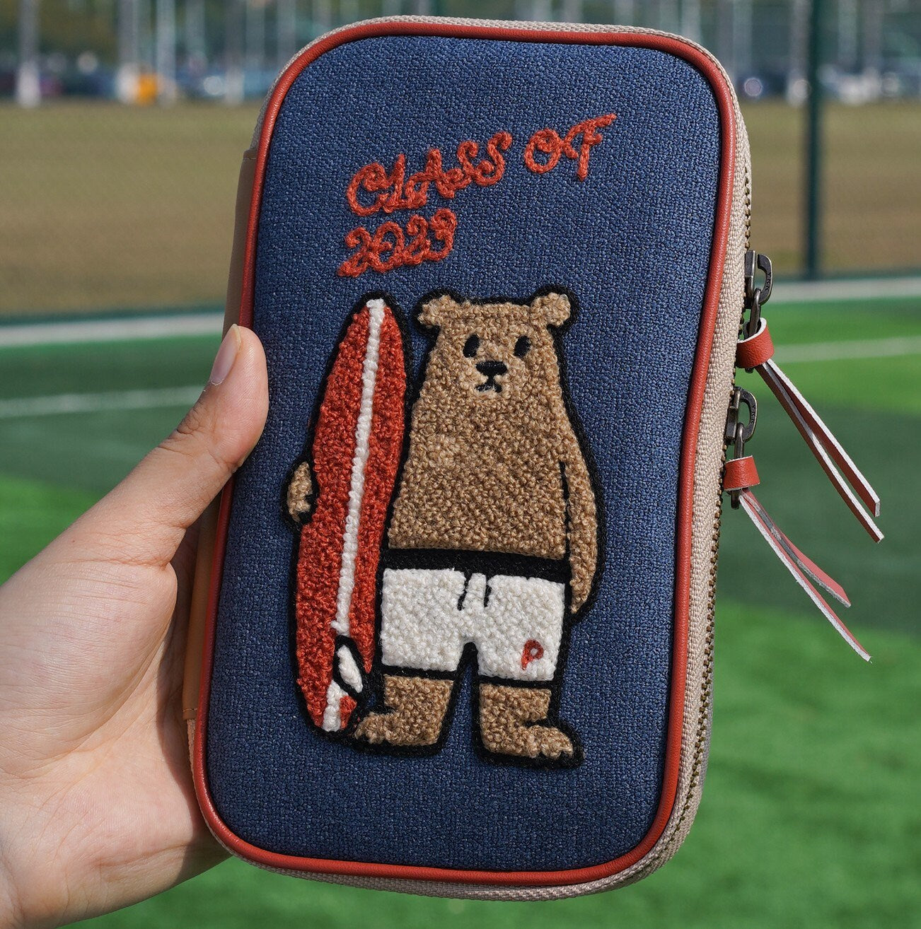 Embroidered Bear Pen Case Large Capacity Handmade Storage Bag Cotton PU Covered Zipper Pouch Makeup Travel Bag Stationary Bag Unique Gift