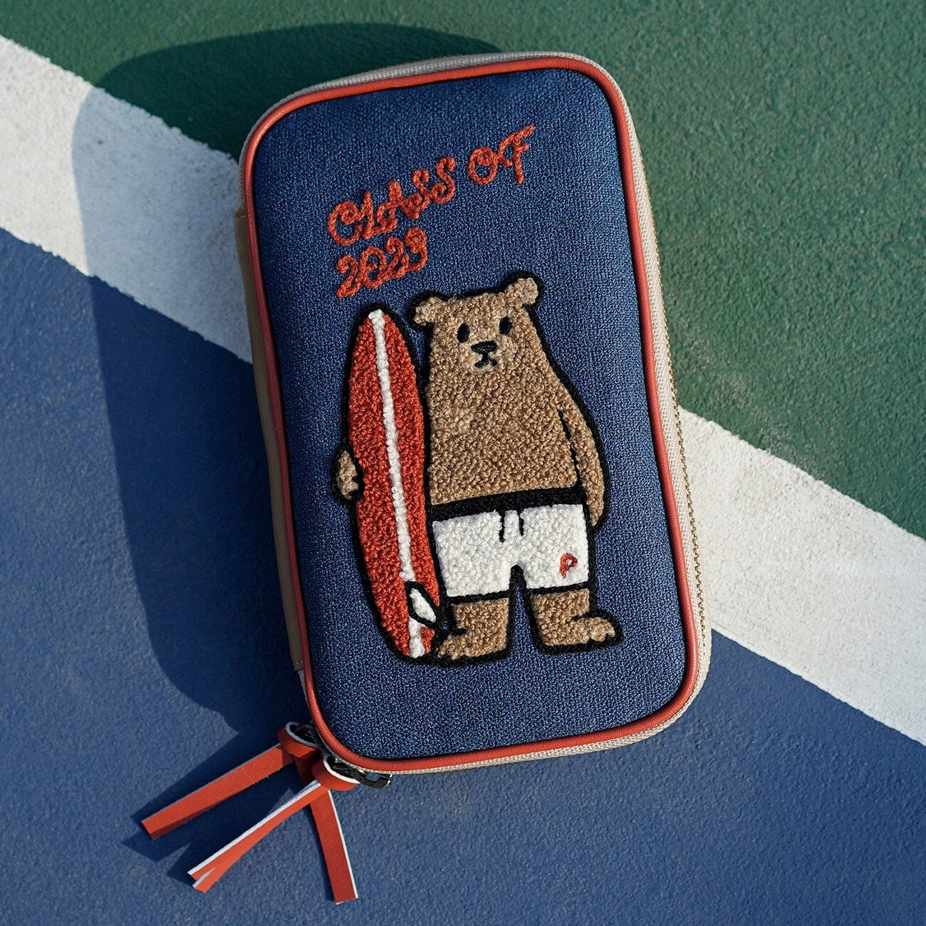 Embroidered Bear Pen Case Large Capacity Handmade Storage Bag Cotton PU Covered Zipper Pouch Makeup Travel Bag Stationary Bag Unique Gift