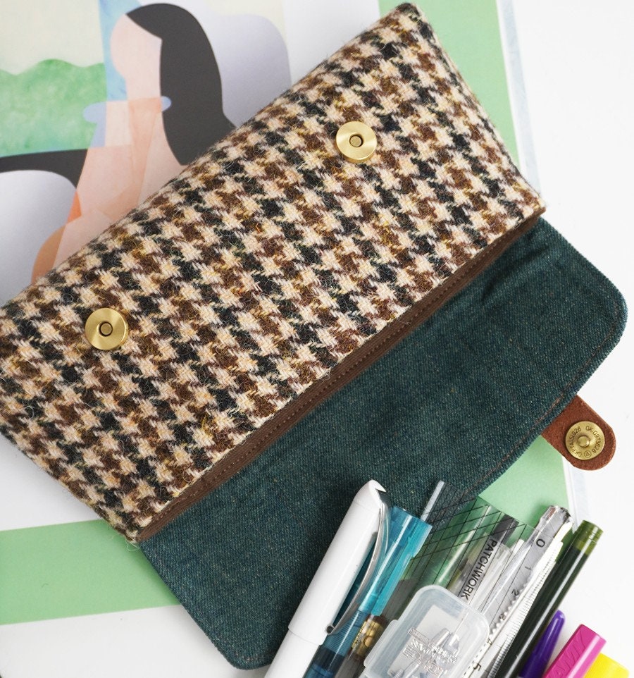 Wool Tweed Flip-top Pen Bag Large Capacity Double Buckle Pencil Case Handmade Storage Bag Retro Stationery Kit Back to School Gift 5 colors