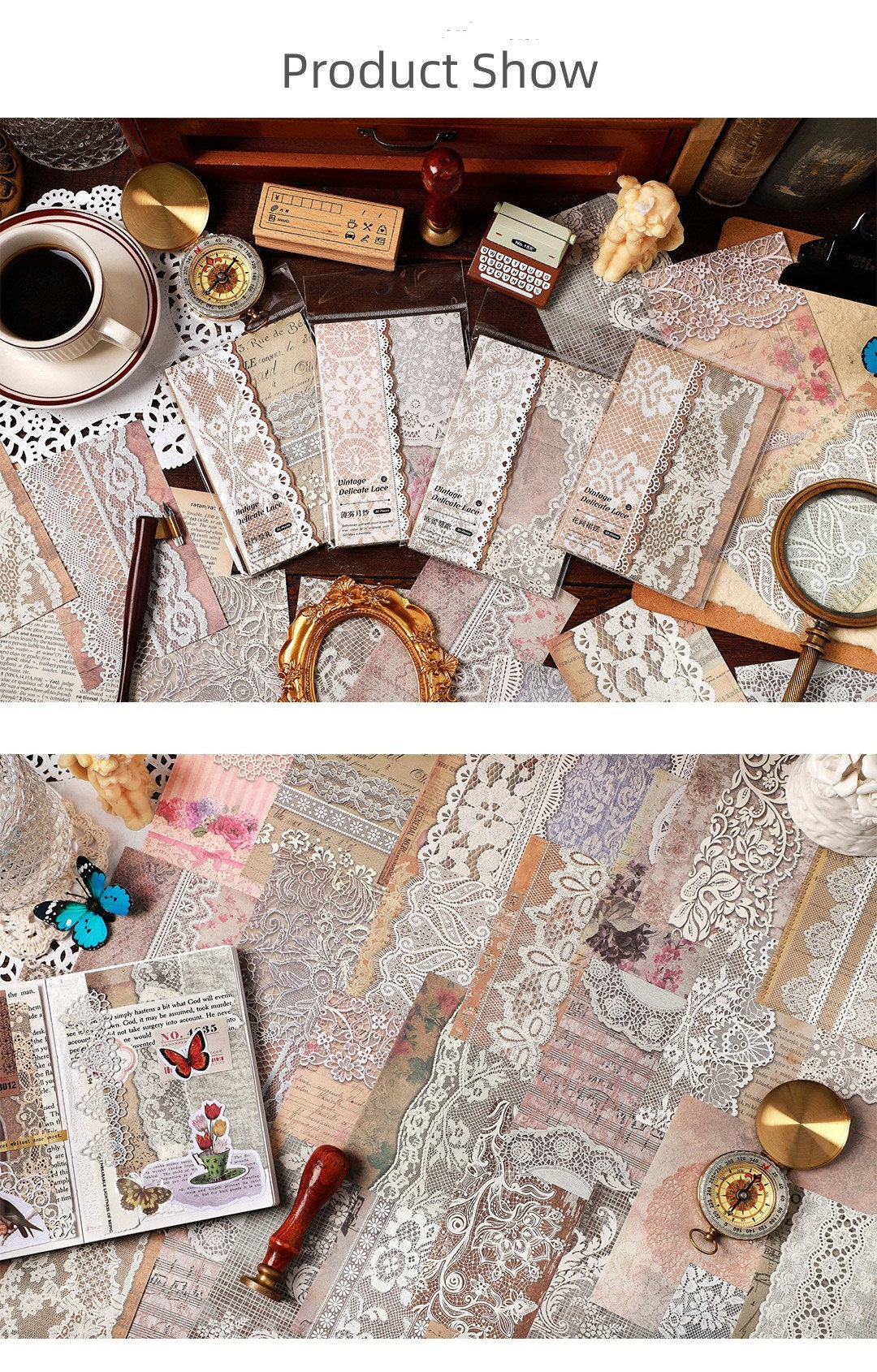 Lace Material Paper Pack Retro Background Paper Collage Scrapbooking Floral Butterfly Notepaper Non-adhesive Junk Journaling Supplies 30Pcs