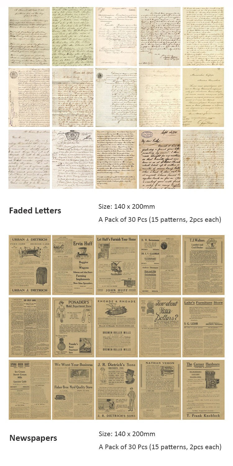 Retro Material Paper Pack Inspiration Series Junk Journal Ephemera Journaling Supplies Vintage Collage Scrapbooking Pack of 30 Pcs 8 Styles