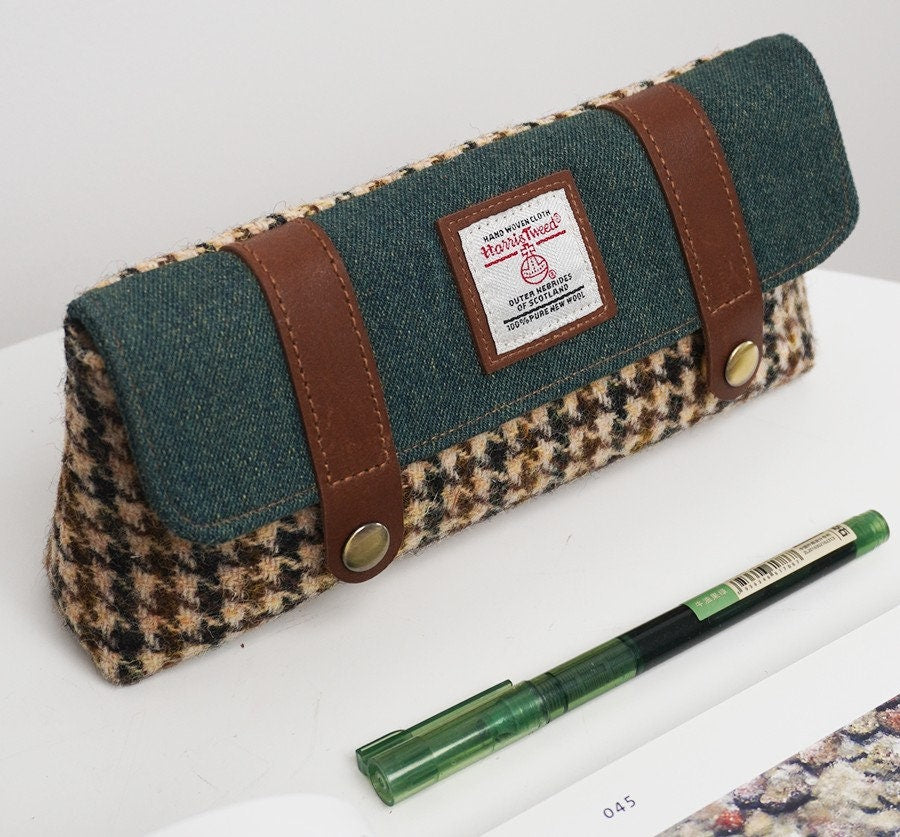 Wool Tweed Flip-top Pen Bag Large Capacity Double Buckle Pencil Case Handmade Storage Bag Retro Stationery Kit Back to School Gift 5 colors